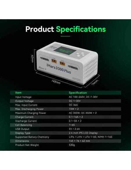 Chargeur d'accus GensAce Chargeur iMars D300 PLUS Dual Channel (EU) Noir