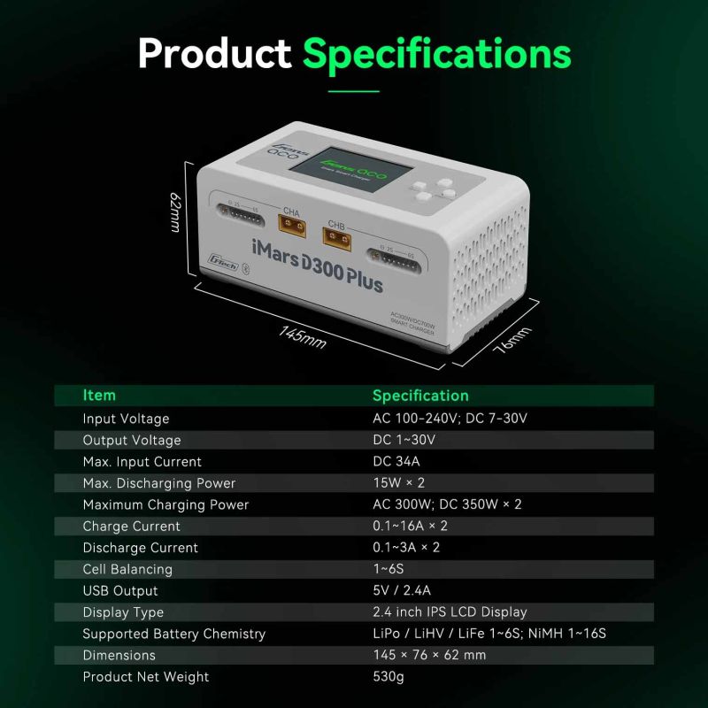 Chargeur d'accus GensAce Chargeur iMars D300 PLUS Dual Channel (UK) Blanc