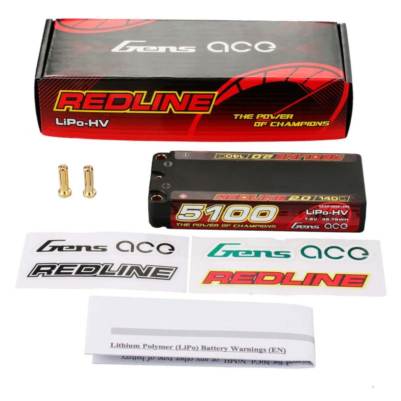Accumulateur, accu, GensAce Redline 2.0 Mid Size 2S HV 7.6V-140C-5100 113x47x19mm 191g